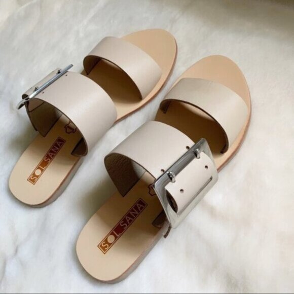 Free People Sol Sana April II Slide Sandals Flats Straps Leather Buckle Ecru - Picture 14 of 15